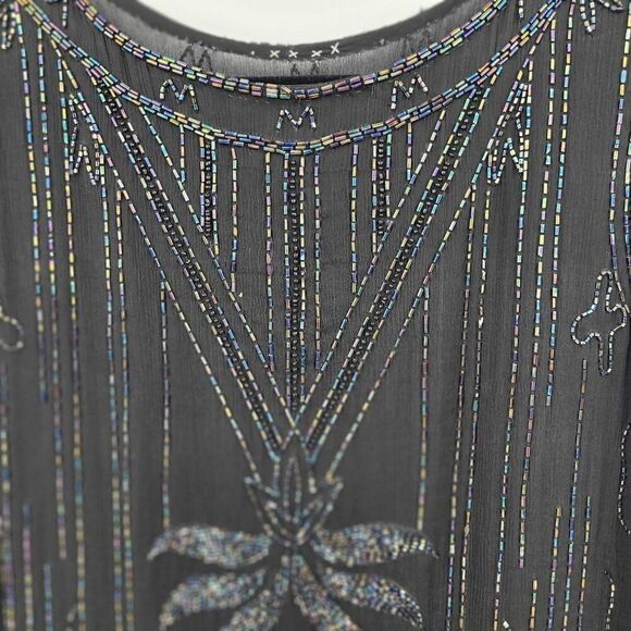 Vtg 80s Does 20s Black Oil Slick Beaded Silk Flapper Dress Sz M Great Gatsby - Picture 9 of 14